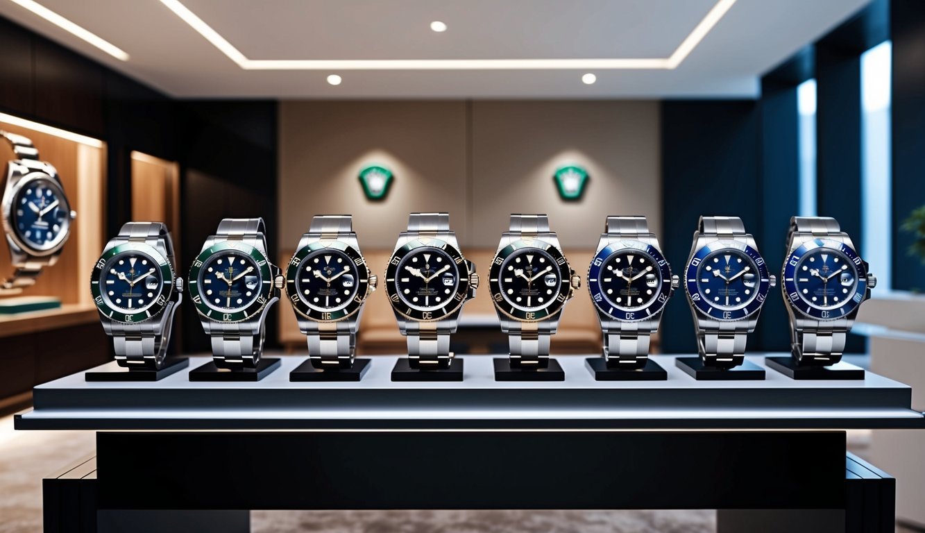 A sleek desk with eight Rolex Submariner watches arranged in a row, set against a backdrop of a modern office or luxury watch store