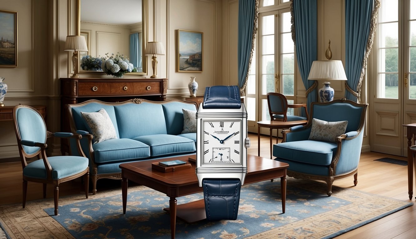 A vintage-inspired living room with antique furniture and a Jaeger-LeCoultre Reverso Classic watch displayed on a mahogany coffee table