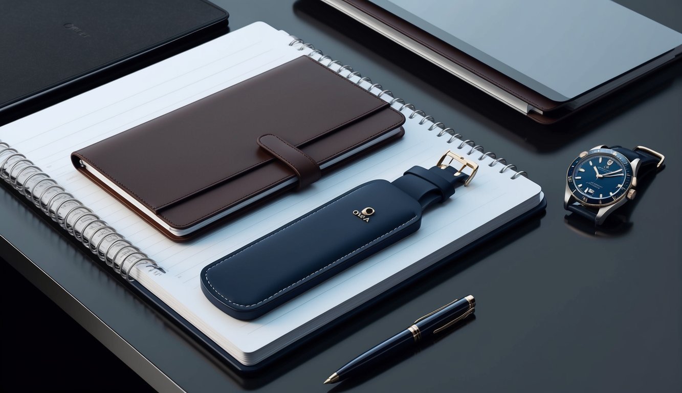 A sleek, modern office desk with a leather-bound planner, a polished pen, and a luxurious Omega Seamaster 8 Classic watch displayed prominently