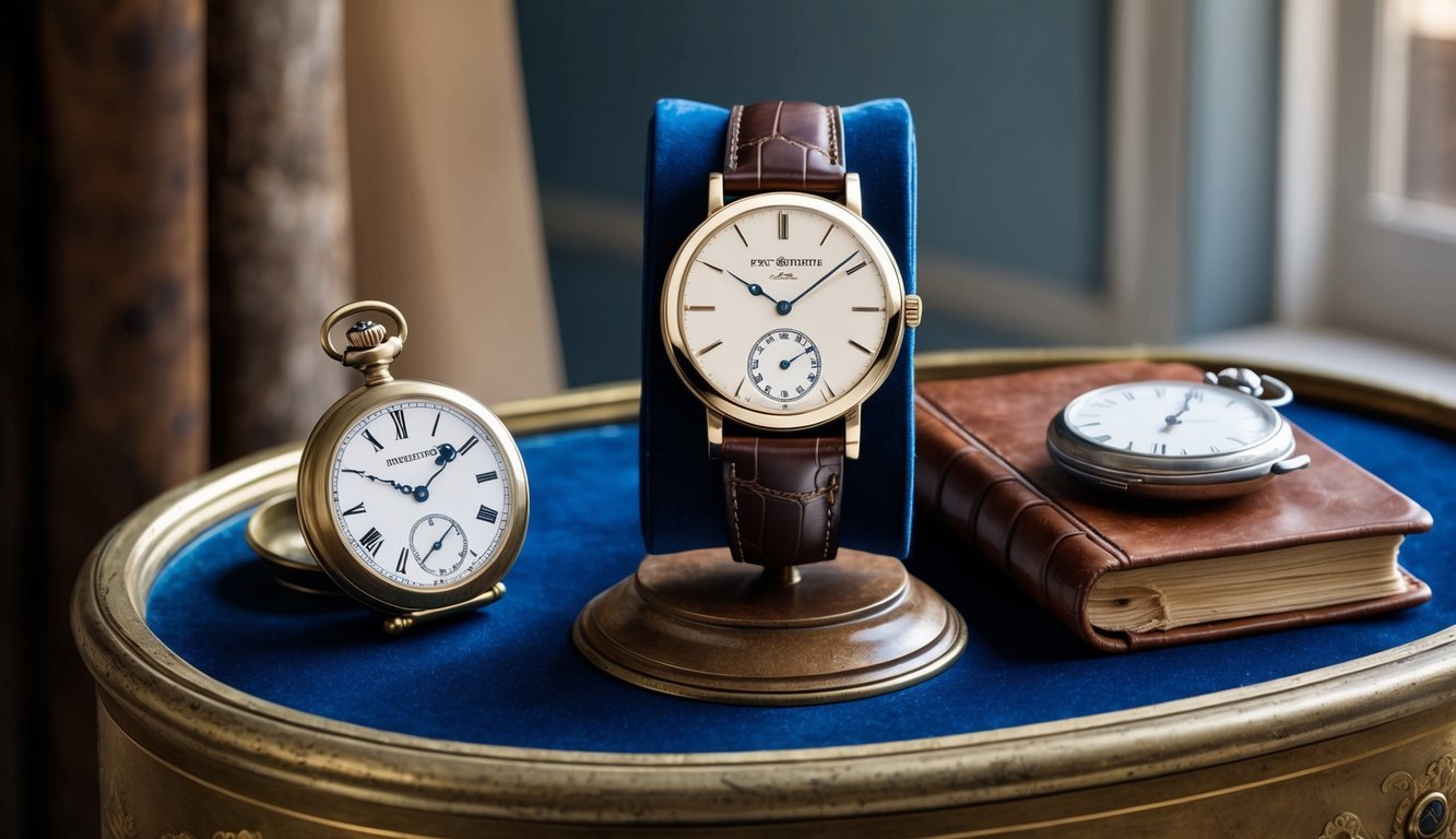 A vintage-inspired Patek Philippe Calatrava watch displayed on a velvet-lined antique table beside a tarnished brass pocket watch and a weathered leather-bound journal