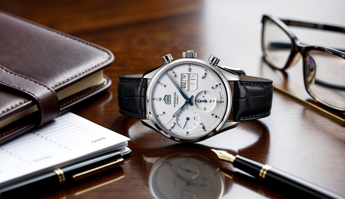 A sleek Tag Heuer Carrera 8 Classic watch resting on a polished wooden desk, surrounded by a leather-bound planner, a fountain pen, and a pair of designer glasses