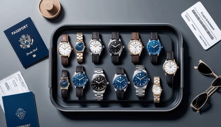 Collection of watches on a tray, with passport, ticket, and sunglasses