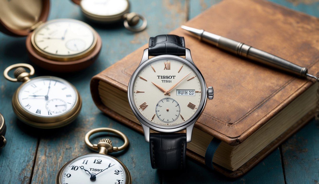 A vintage-inspired Tissot Visodate watch resting on a weathered wooden table, surrounded by antique pocket watches and a faded leather journal