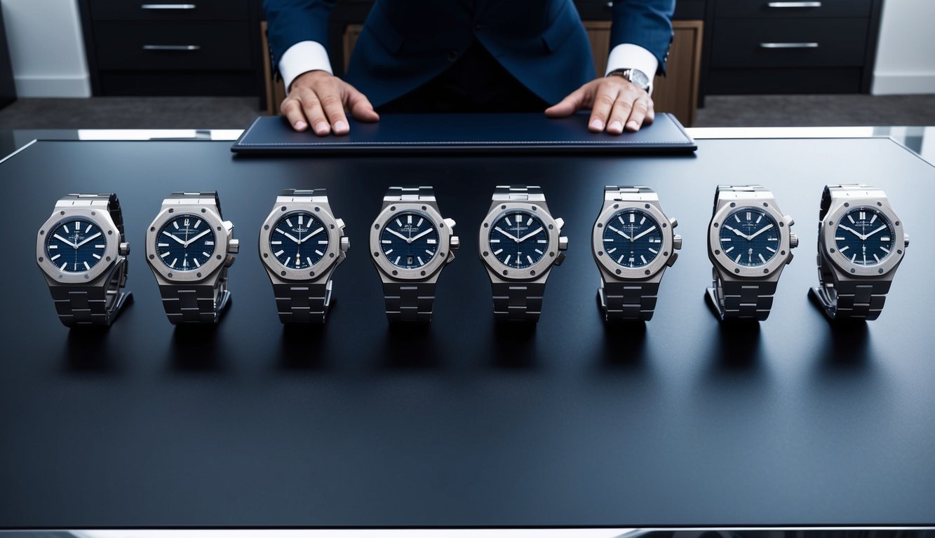 A sleek, modern office desk with eight Audemars Piguet Royal Oak watches neatly arranged in a row, each one reflecting the sophistication and professionalism of the owner