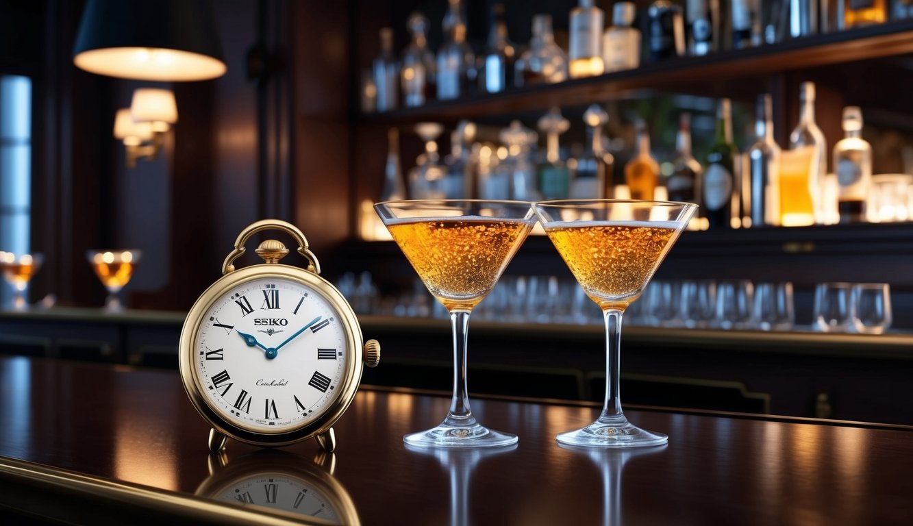 A dimly lit, elegant bar with vintage decor and sparkling cocktail glasses.</p><p>A Seiko Presage Cocktail Time watch sits on the bar, capturing the charm of past eras