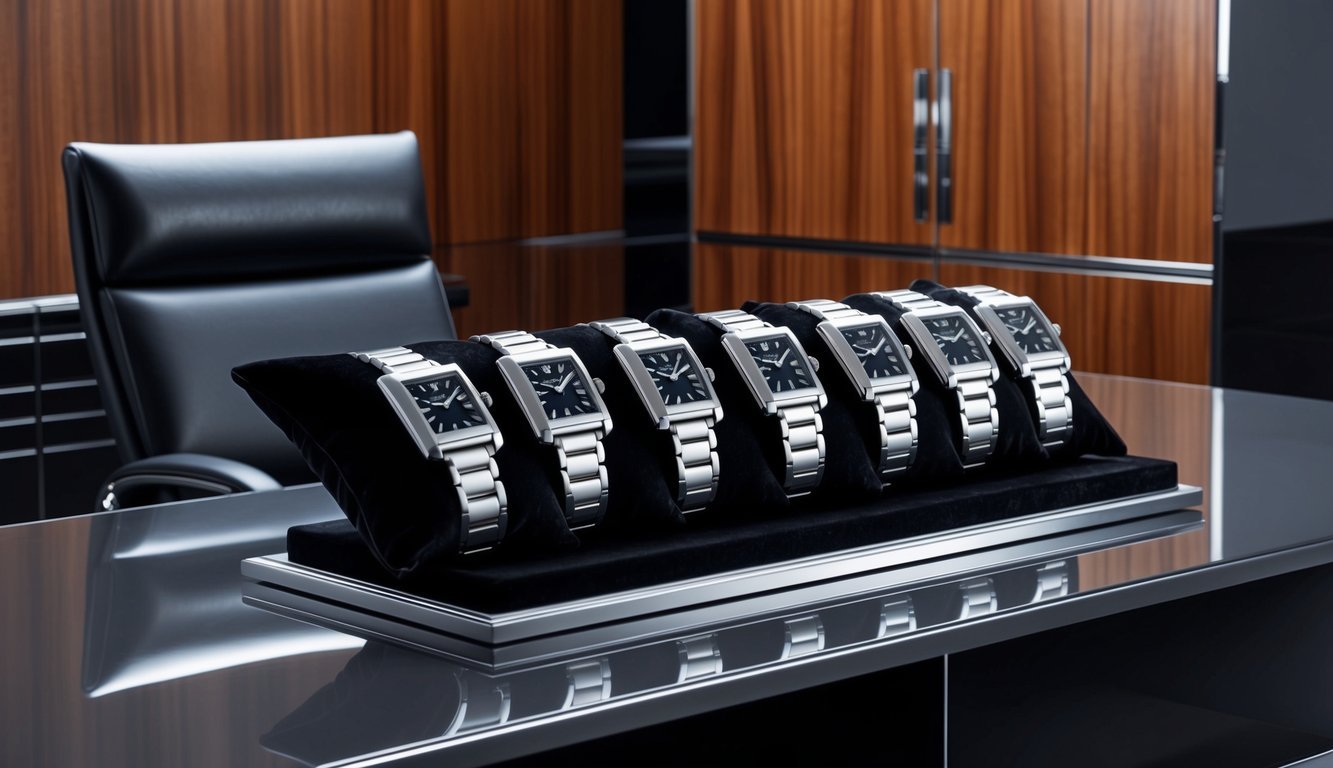 A sleek, modern office desk with a row of Cartier Tank 8 Classic watches displayed on a black velvet cushion, set against a backdrop of polished wood and leather