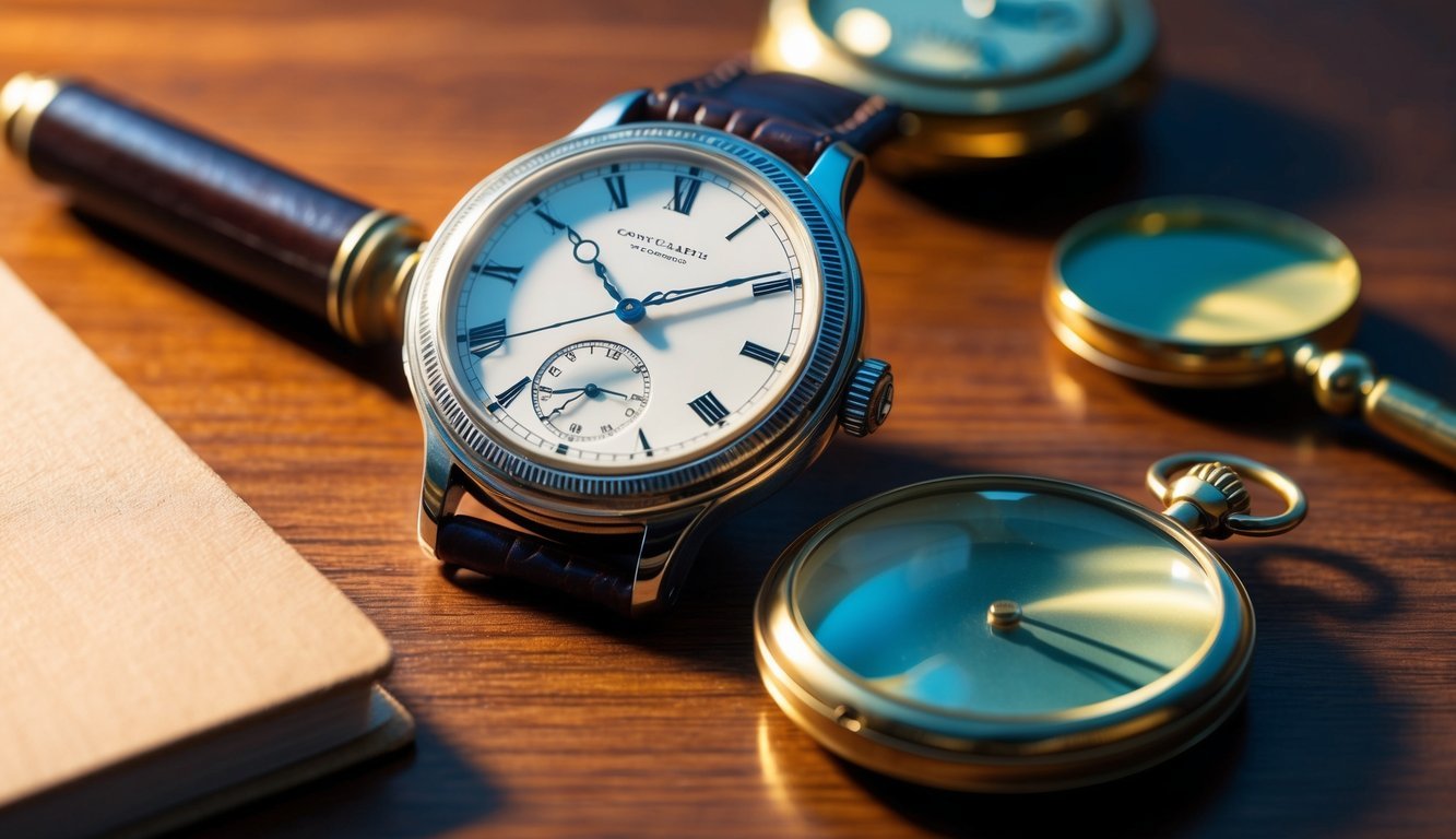 A vintage watch with intricate details sits on a wooden table next to a pocket watch and a magnifying glass.</p><p>The warm lighting highlights the charm of the past eras