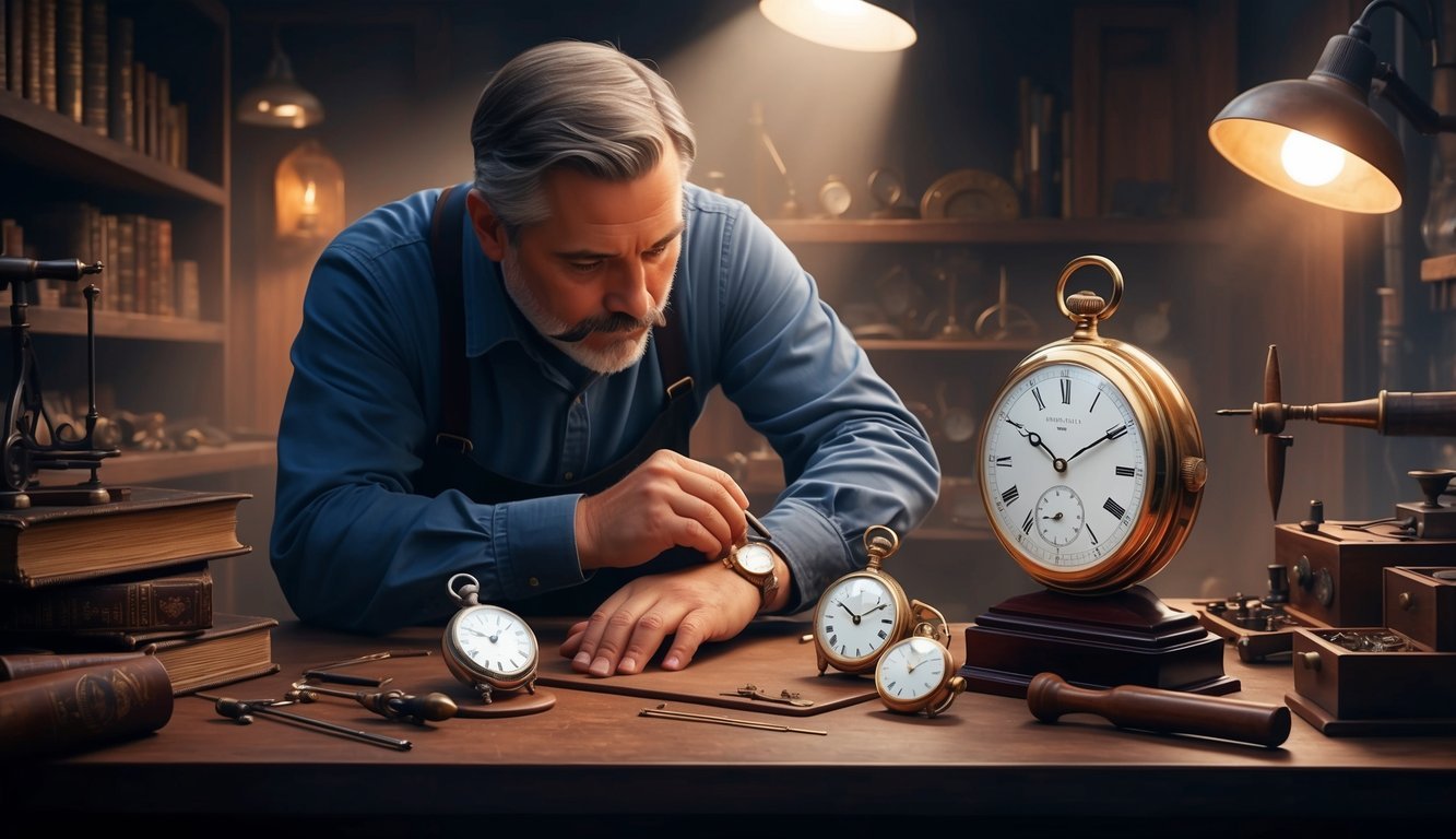 A watchmaker carefully studies vintage timepieces, surrounded by antique tools and historical reference books in a dimly lit workshop