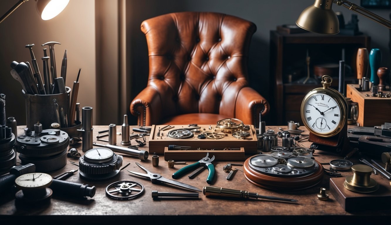 A cluttered workbench with precision tools, intricate gears, and elegant watch faces, surrounded by soft lighting and a vintage leather chair