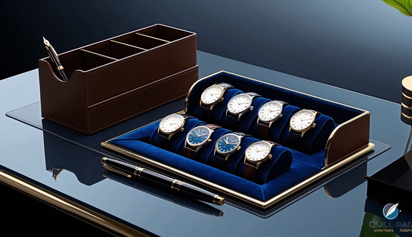 A sleek desk with a leather organizer, fountain pen, and 8 classic watches displayed on a velvet cushion