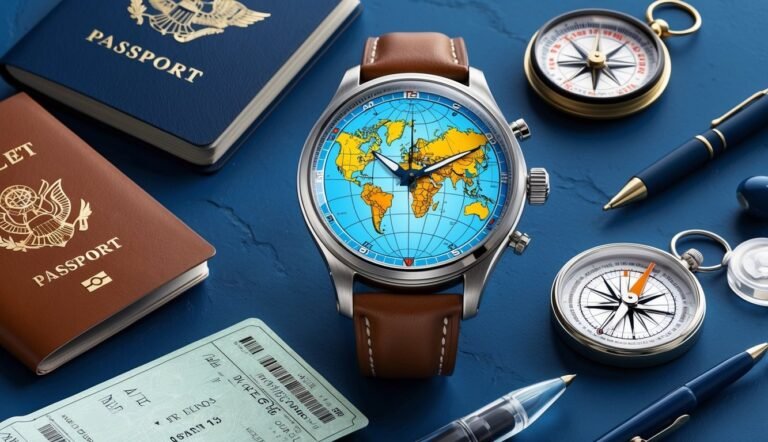 Watch with world map face, passports, compasses, pens, and a boarding pass