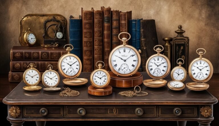 Collection of antique pocket watches, books, and decorative items on a table