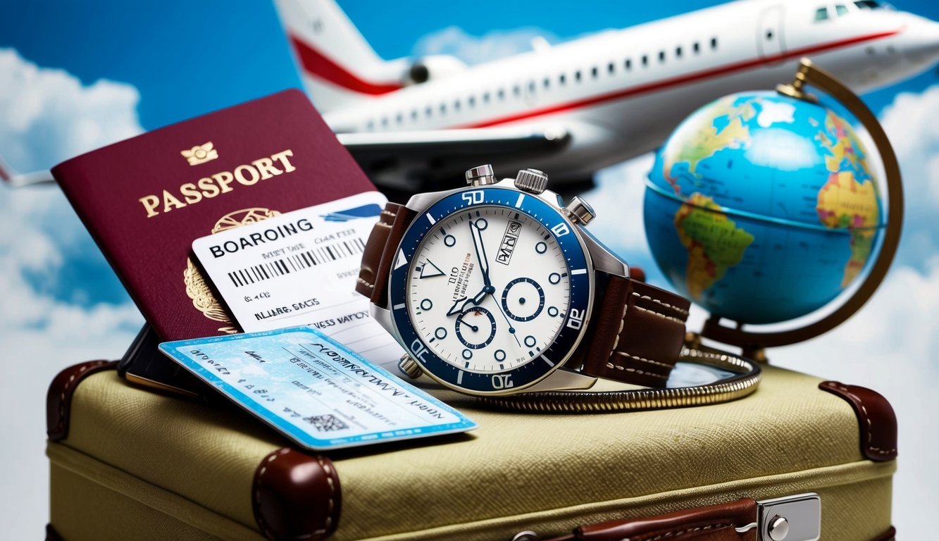 A watch surrounded by travel essentials like a passport, boarding pass, suitcase, and globe, with a jet in the background