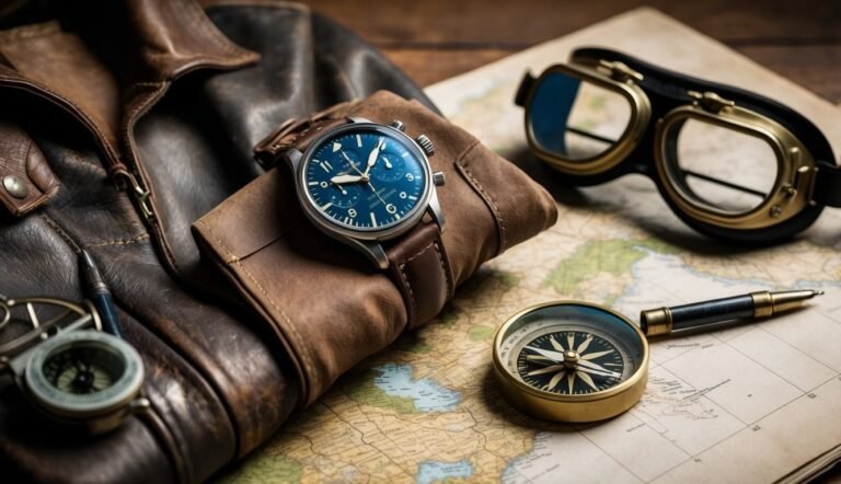 Leather jacket, watch, compass, and goggles on a map, vintage aesthetic