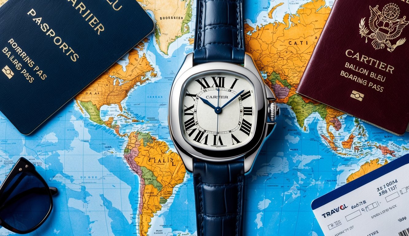 A sleek Cartier Ballon Bleu watch resting on a world map surrounded by travel essentials like passports, sunglasses, and a boarding pass