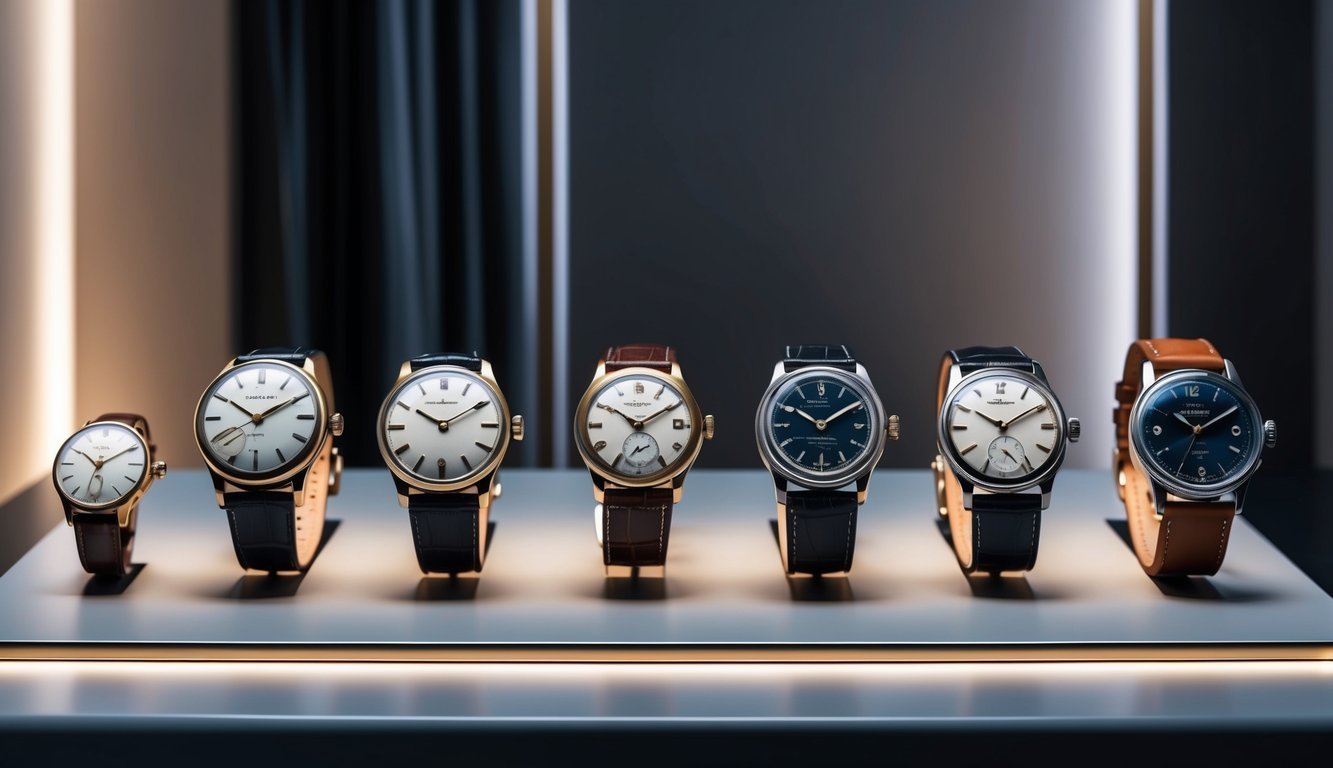 A display of vintage watches arranged on a sleek, modern surface, with soft lighting highlighting their intricate details and timeless design
