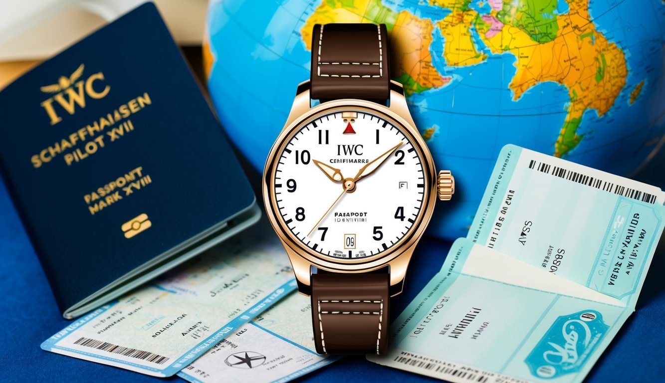 A sleek IWC Schaffhausen Pilot Mark XVIII watch displayed against a backdrop of a globe, passport, and airplane tickets, evoking a sense of adventure and jet-setting lifestyle