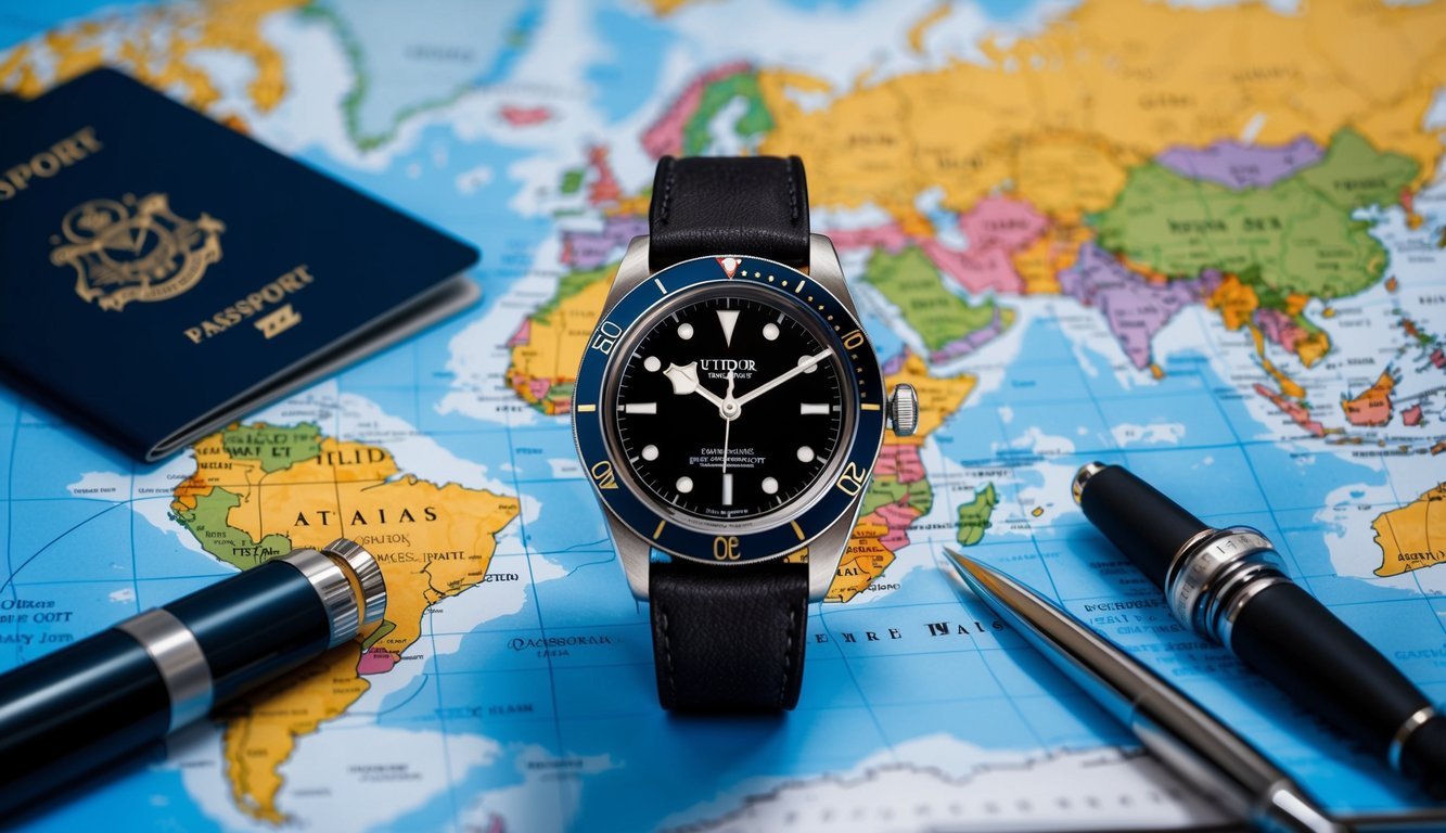 A sleek Tudor Black Bay GMT watch sits on a world map surrounded by travel essentials and a passport, reflecting a jet-setting lifestyle