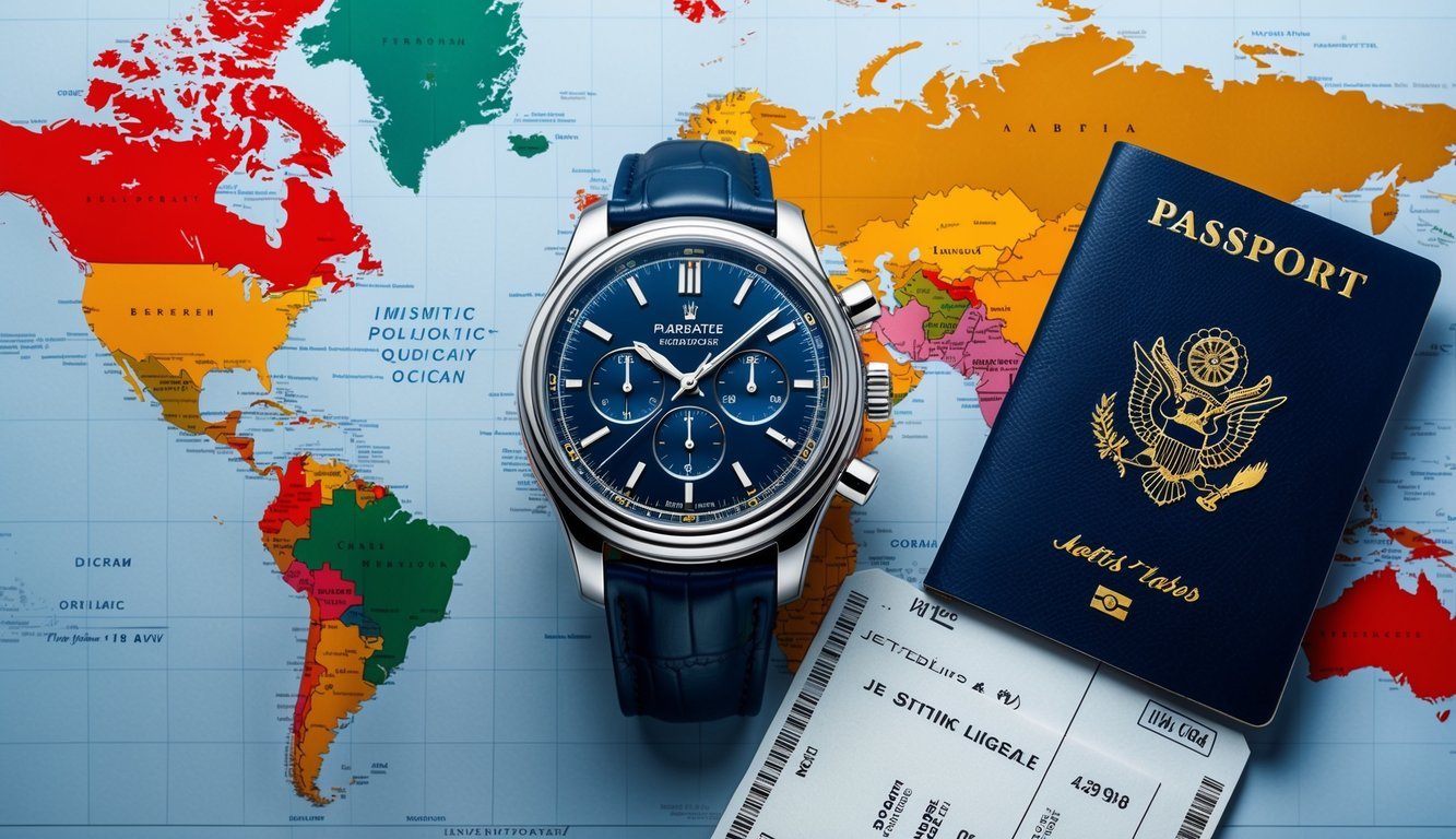 A luxurious watch displayed next to a world map, passport, and airplane tickets, symbolizing a jet-setting lifestyle