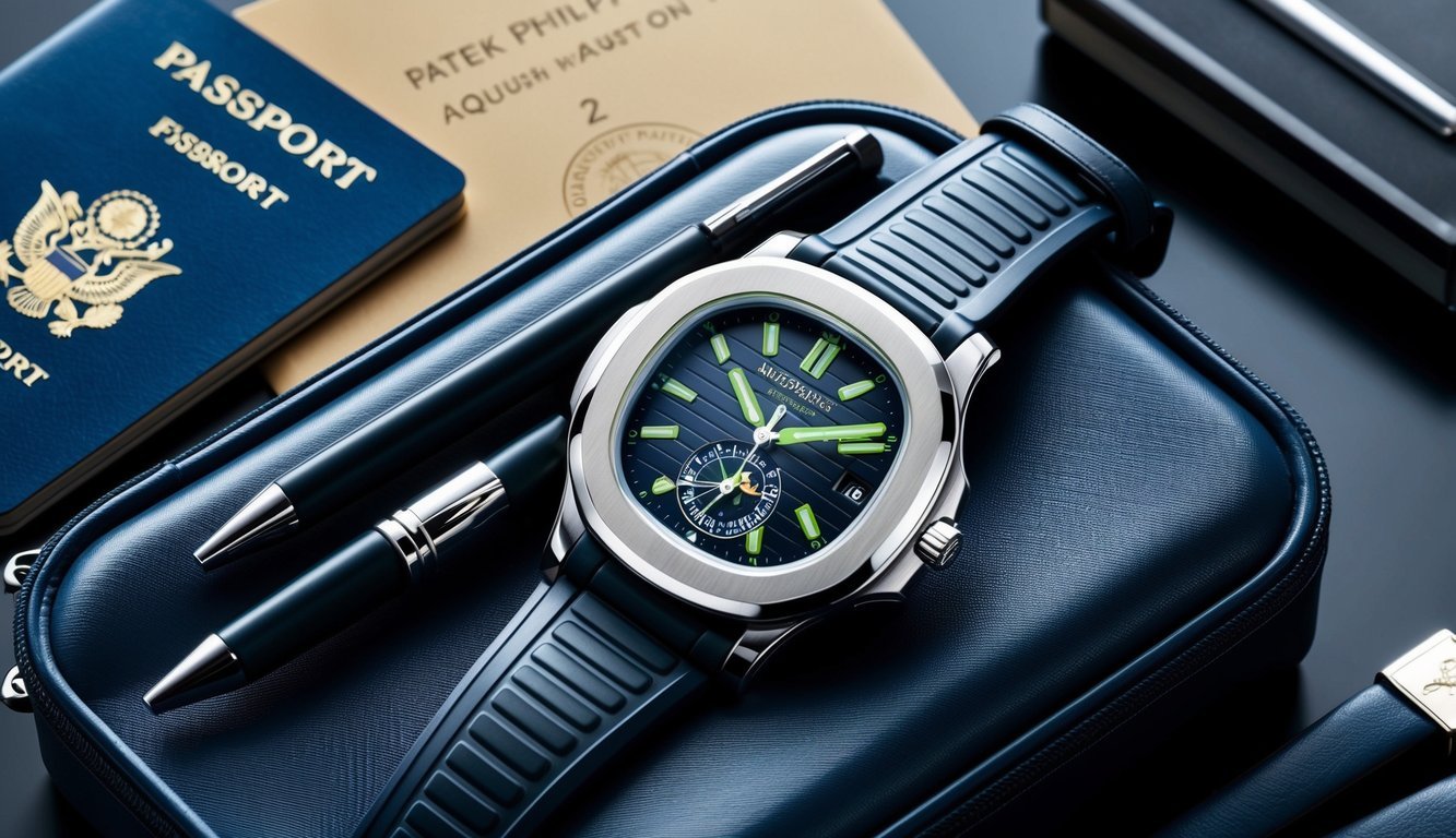 A luxurious Patek Philippe Aquanaut watch resting on a sleek, modern jet-setting travel case, surrounded by travel essentials and a passport