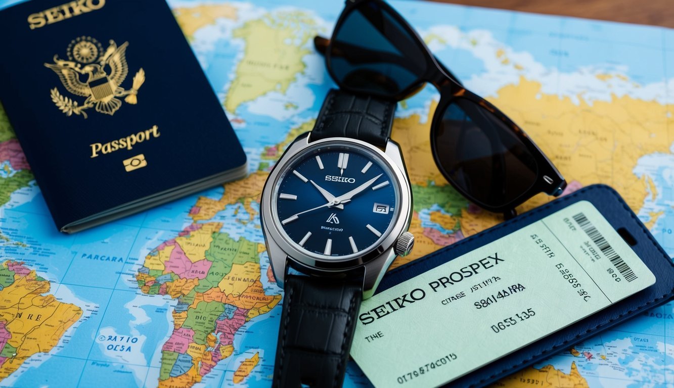 A sleek Seiko Prospex watch resting on a world map, surrounded by travel essentials like a passport, sunglasses, and a plane ticket