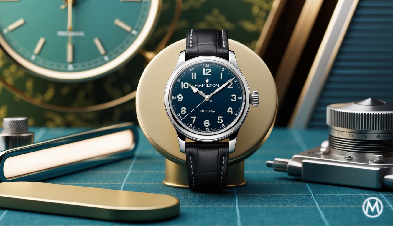 A sleek Hamilton Ventura Elvis80 watch displayed on a vintage-inspired backdrop with modern elements
