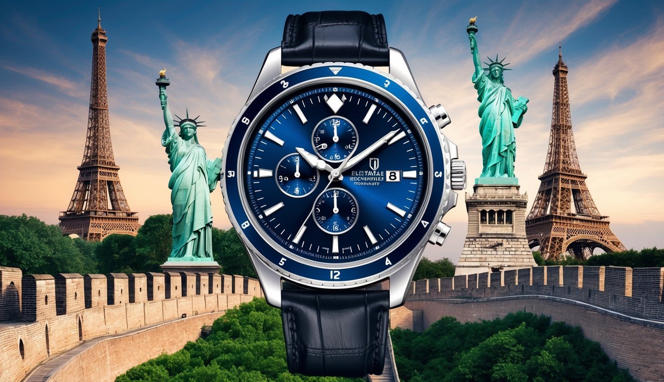 A watch surrounded by iconic landmarks from around the world, such as the Eiffel Tower, the Statue of Liberty, and the Great Wall of China