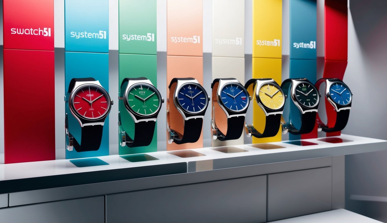 A display of Swatch Sistem51 Hodinkee Stoplight Retro Watches arranged on a sleek, modern collector's shelf