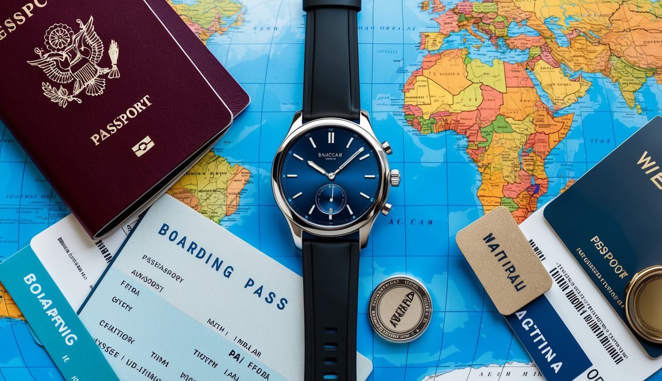 A sleek, modern watch surrounded by travel essentials like a passport, boarding pass, and a map of the world