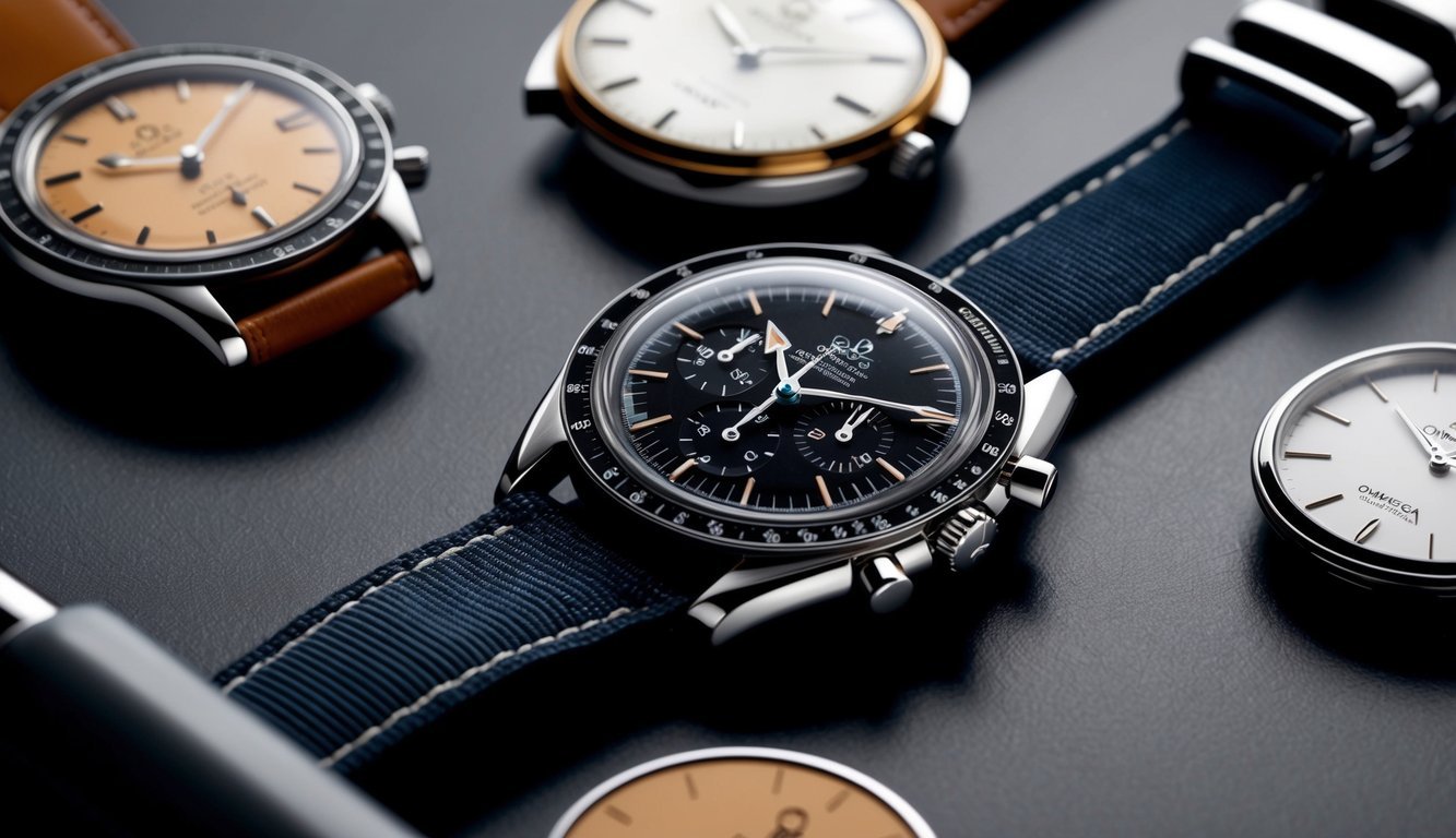 A close-up of a vintage Omega Speedmaster '57 watch surrounded by modern collector's items