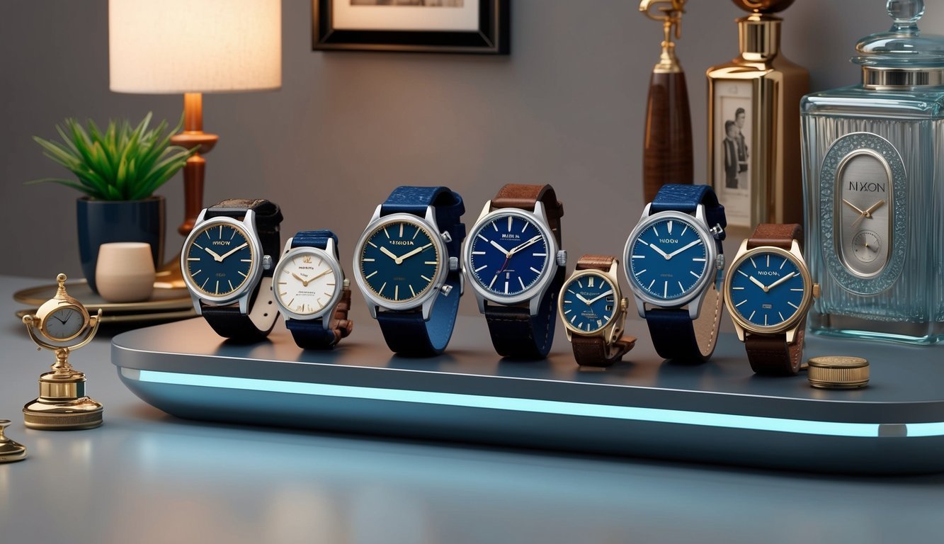 A collection of Nixon re-run retro watches displayed on a sleek modern surface, surrounded by vintage-inspired decor and accessories