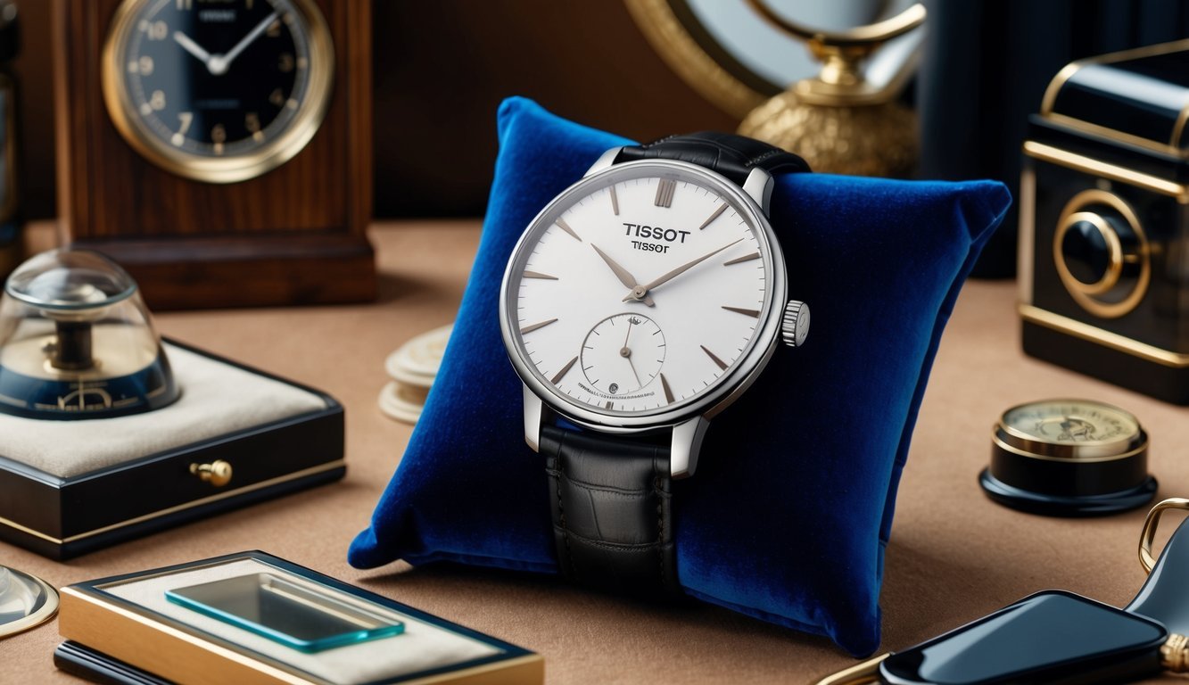 A sleek Tissot Heritage Visodate Retro watch displayed on a velvet cushion, surrounded by vintage collector's items and modern design elements