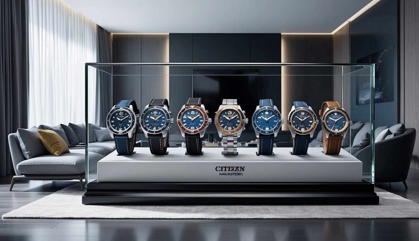 A sleek, modern living room with a glass display case showcasing a collection of Citizen Promaster Navihawk Retro watches.</p><p>The room is bathed in natural light, emphasizing the elegance of the timepieces