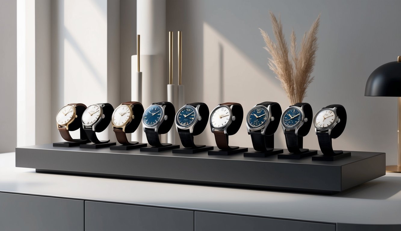 A collection of vintage watches displayed on a sleek modern surface, surrounded by minimalist decor and soft natural lighting