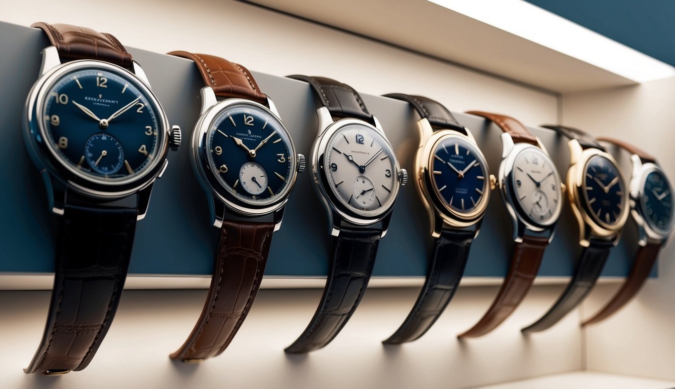 A collection of vintage watches displayed on a sleek, modern shelf with soft lighting highlighting their intricate details and craftsmanship
