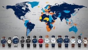 World map with various colored countries, and a row of watches below