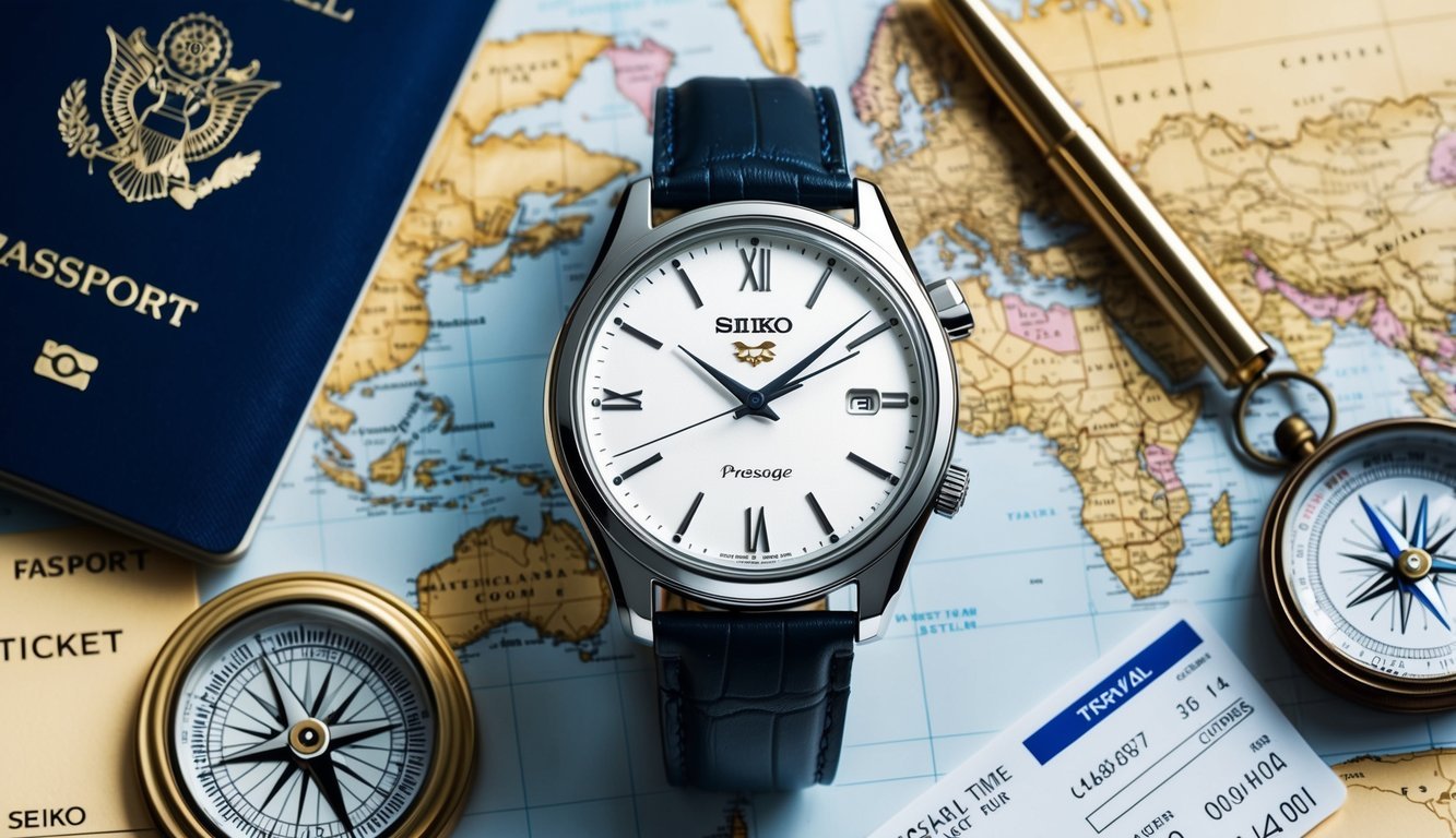 A Seiko Presage Cocktail Time watch rests on a map, surrounded by travel essentials like a passport, plane ticket, and a compass