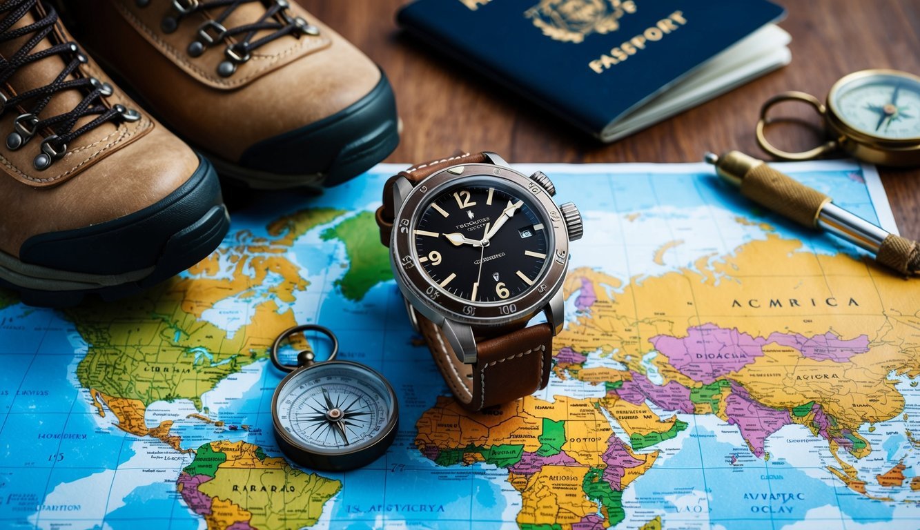 A rugged, vintage-inspired watch atop a map of the world, surrounded by travel essentials like a compass, hiking boots, and a passport