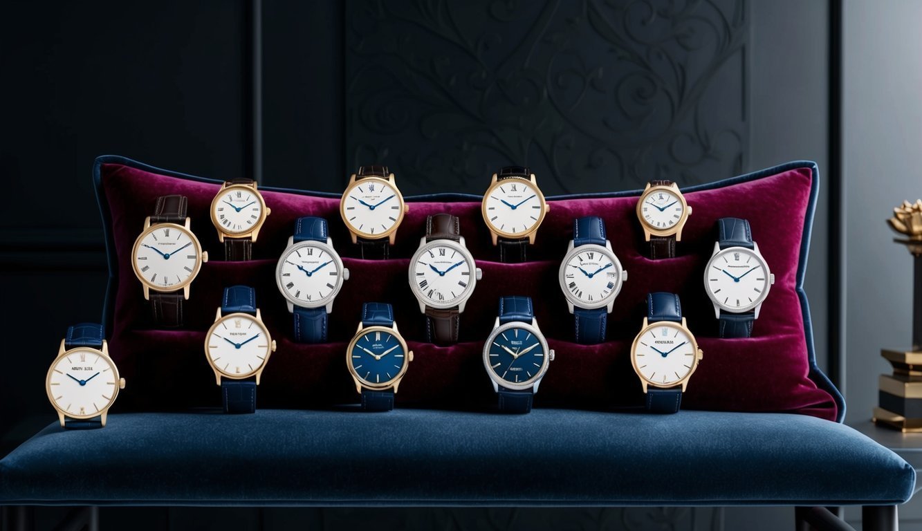 Collection of elegant wristwatches with leather straps displayed on a velvet cushion