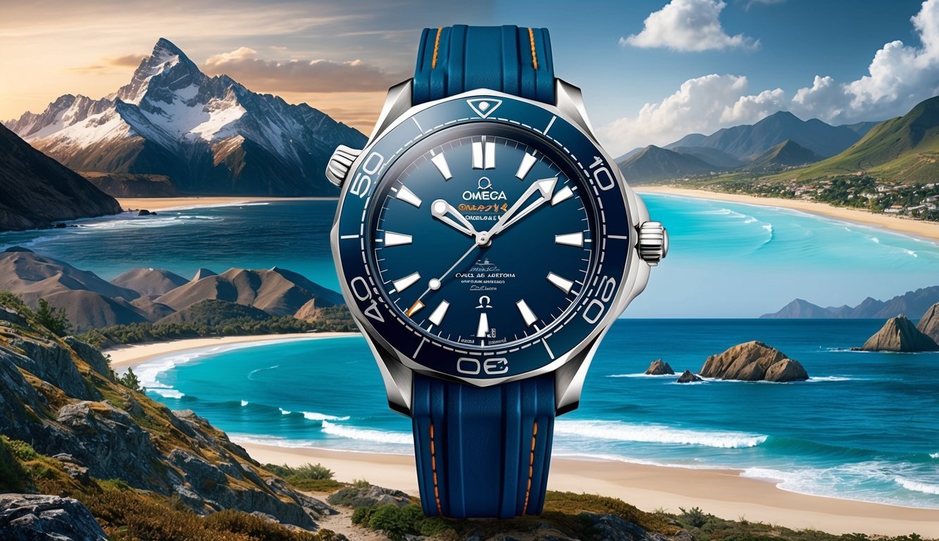 A rugged Omega Seamaster Aqua Terra watch against a backdrop of diverse landscapes, from mountains to beaches, showcasing its versatility for cross-continent adventures