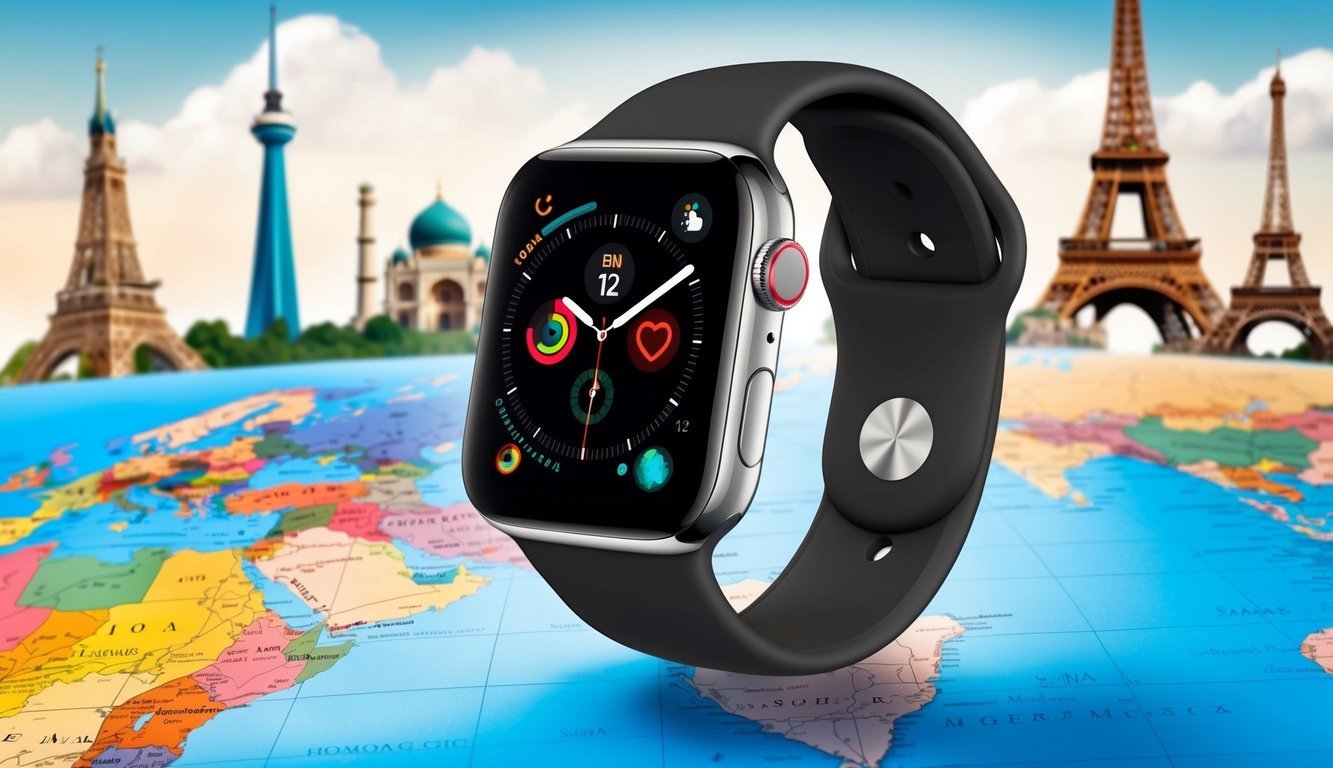 A sleek, modern smartwatch displayed on a map with various global landmarks in the background