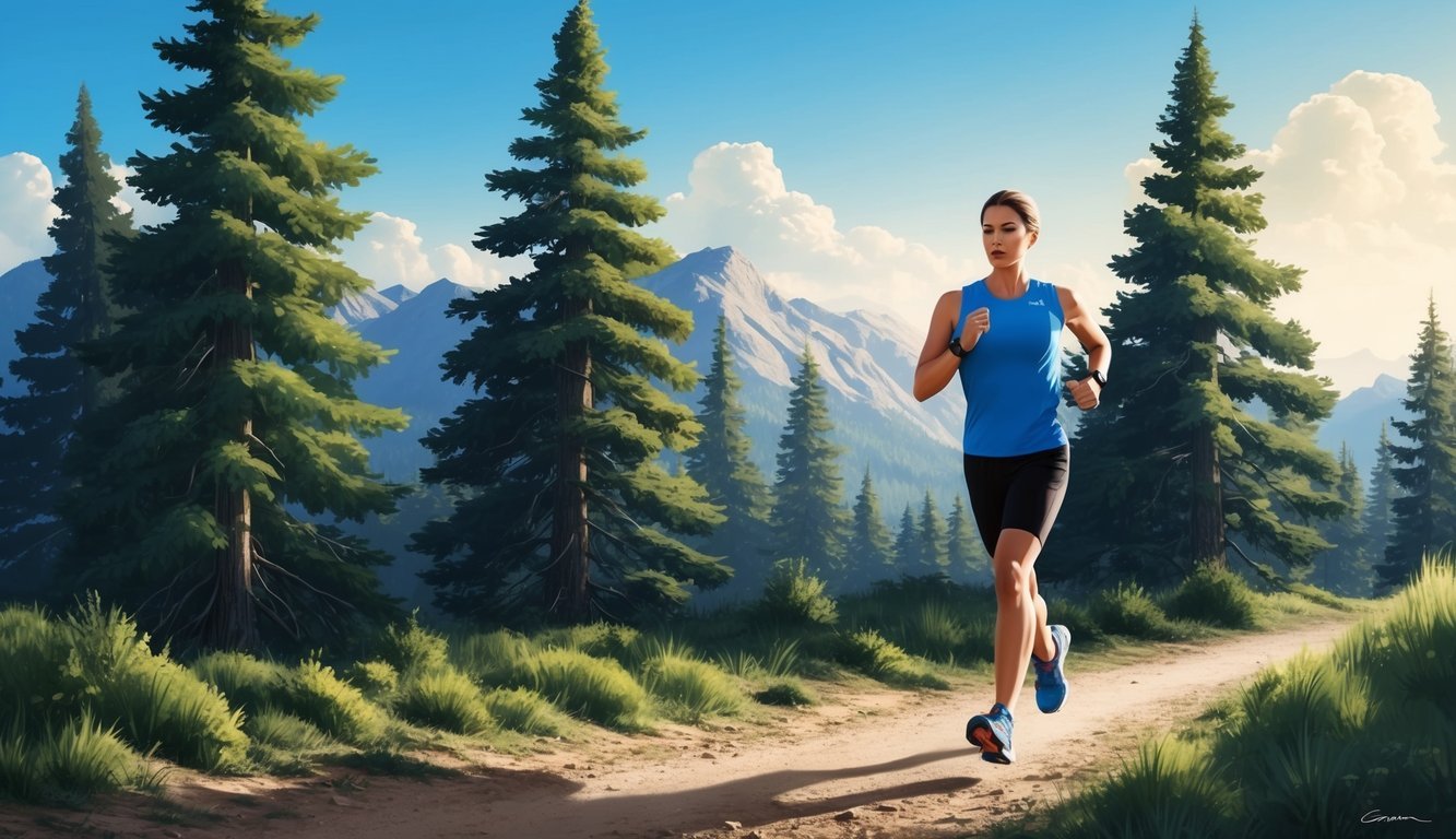 A person running through a scenic forest trail, wearing a Garmin Forerunner 945 watch, with mountains in the background and a clear blue sky above