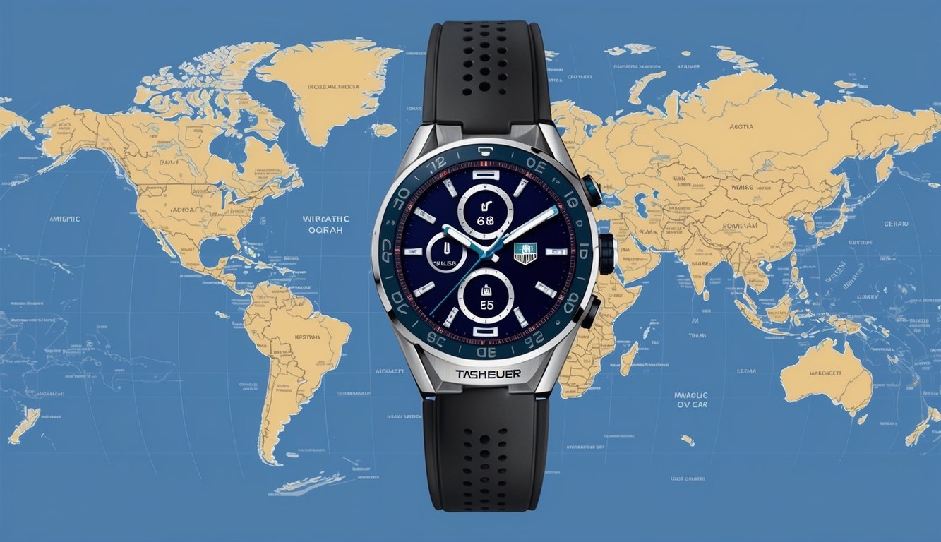 A sleek TAG Heuer Connected watch displayed on a world map, with various time zones highlighted, symbolizing its ability to keep track of time globally
