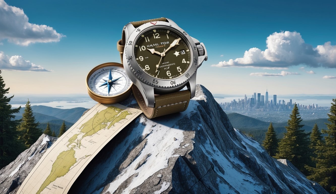 A rugged Hamilton Khaki Field Mechanical watch atop a mountain peak, with a compass and map, surrounded by a forest and distant city skyline