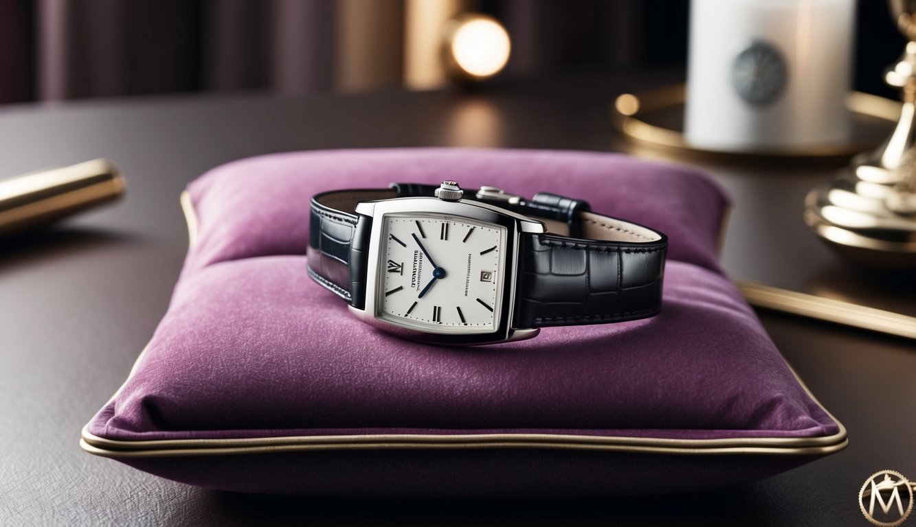 A sleek Cartier Tank Classic watch rests on a luxurious velvet cushion, surrounded by soft lighting and elegant decor