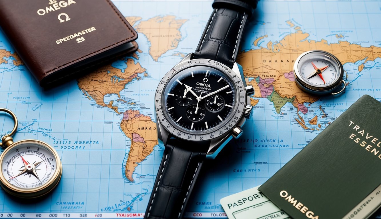 A sleek Omega Speedmaster Professional watch rests on a world map, surrounded by travel essentials like a passport, compass, and airplane tickets