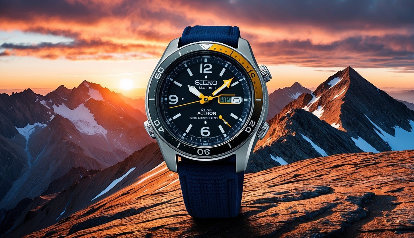 A Seiko Astron GPS Solar watch on a rugged mountain peak at sunset