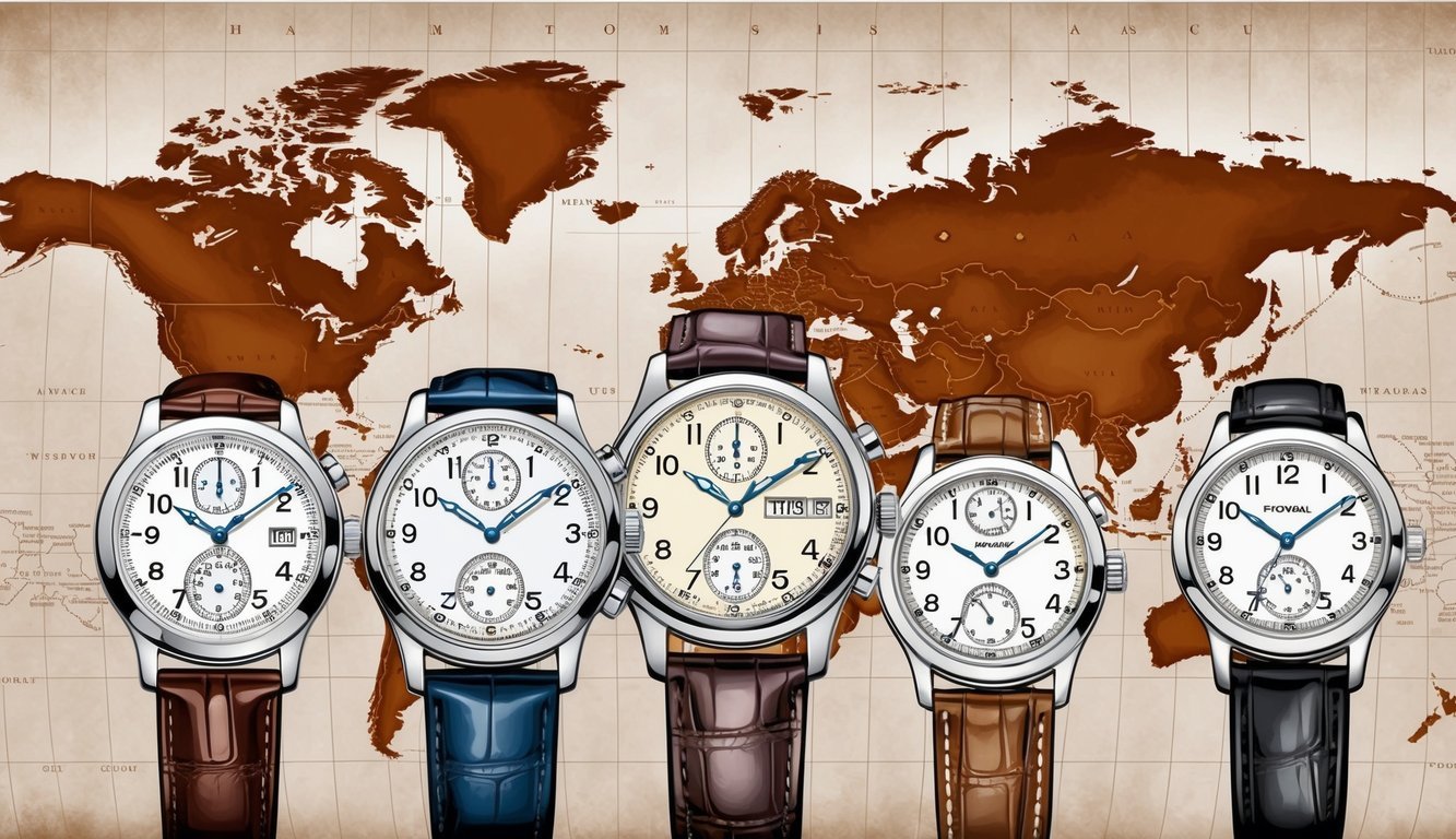 A collection of watches displaying different time zones against a backdrop of a world map