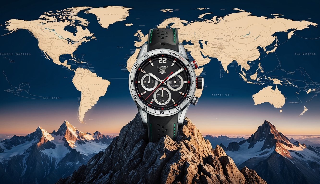 A Tag Heuer Carrera Calibre 16 watch atop a rugged mountain peak at sunset, with a map of the world in the background