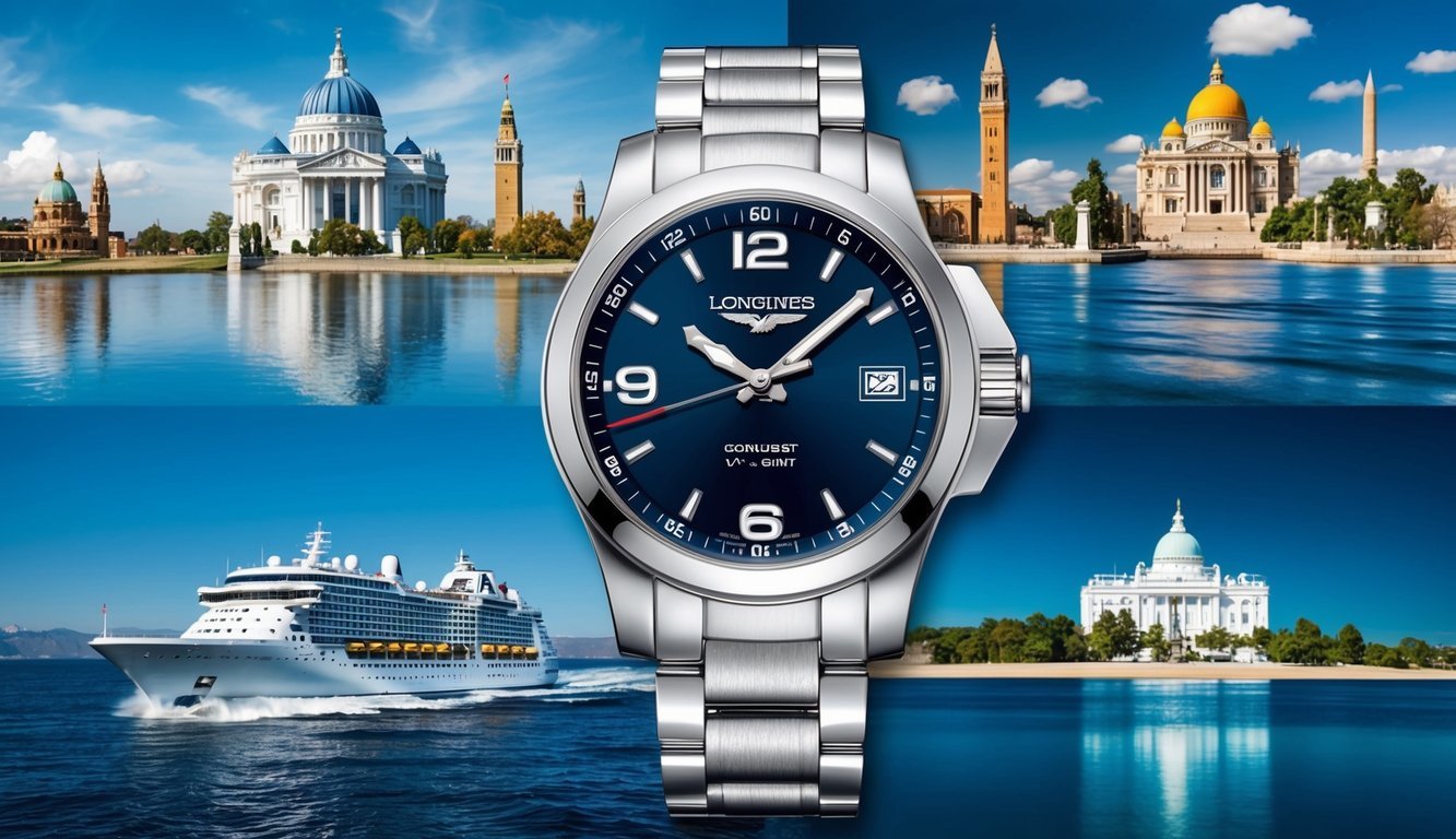A Longines Conquest V.H.P. GMT watch set against a backdrop of iconic landmarks from different continents, showcasing its versatility for cross-continent adventures
